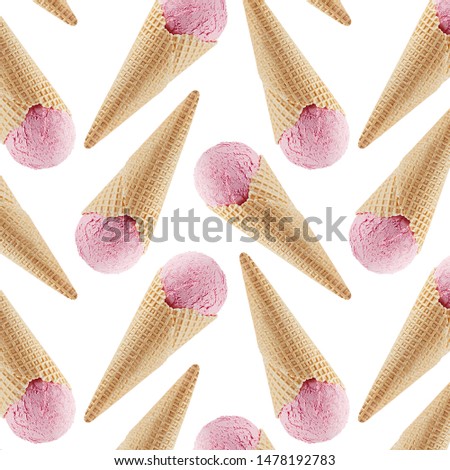 Pink ice cream in crisp waffle cones as seamless decorative pattern isolated on pink color, summer food background.