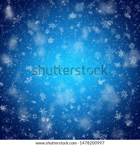 Christmas template with white blurred and clear snowflakes on blue background. EPS 10 Royalty-Free Stock Photo #1478200997