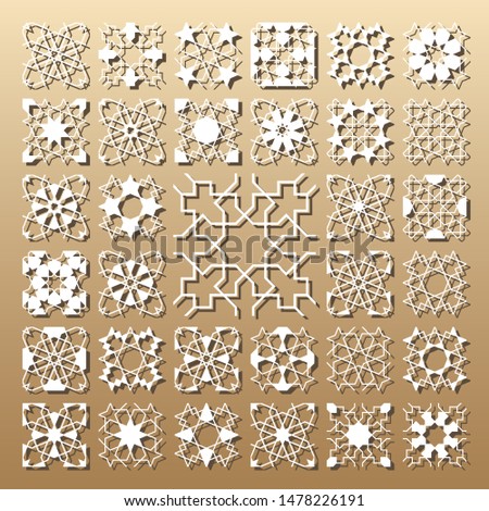 33 vector panels. Cutout silhouette with arabic (girih geometric) seamless pattern. A picture suitable for printing invitations, laser cutting (engraving) stencil, wood and metal decorations.
