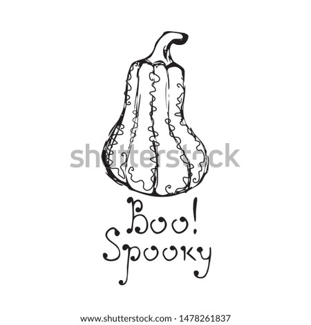 Hand drawn vector pumpkin with hand drawn text Boo Spooky, autumn halloween background