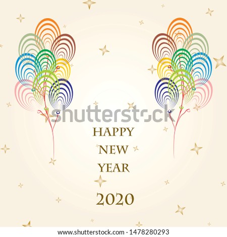 New Year Greetings for 2020 with colorful balloons flying on a gold background with gold stars and the word Happy New Year 2020