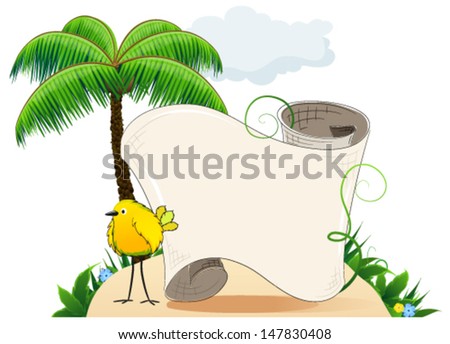 Sandy island with palm trees, tropical bird and blank scroll for text 