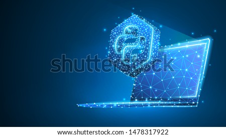 Python coding language sign on notebook screen. Device, programming, developing concept. Abstract, digital, wireframe, low poly mesh, vector blue neon 3d illustration. Triangle, line dot
