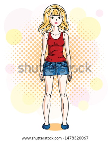Beautiful blonde woman adult standing on colorful background with bubbles and wearing casual clothes. Vector attractive female illustration. Lifestyle theme cartoon.