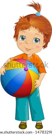 Vector illustration cute little small girl holding a big ball in her hands. In cartoon style. Clipart Isolated on white background