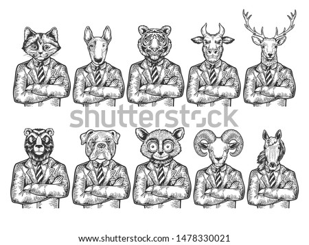 Animal heads businessman sketch engraving vector illustration. Scratch board style imitation. Black and white hand drawn image.