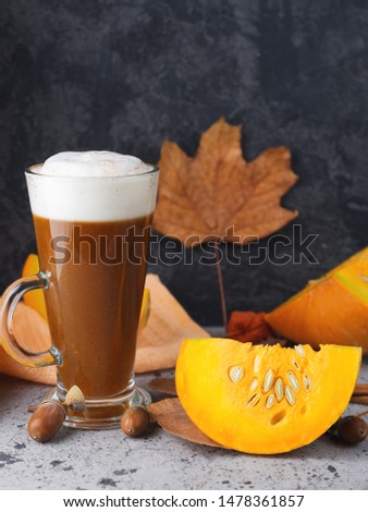 Pumpkin latte with spices . Autumn and winter hot drink . Homemade