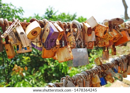 master key lock by lover couple at Noen Nangphaya View Point , Chanthaburi, Thailand.