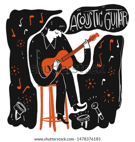 Guitar player playing and singing. Vector Illustration in doodles style.