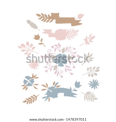 Design elements set for cards, scrapbook, stickers, posters. . Flowers, labels, ribbons and leaves