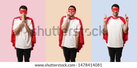 Set of Superhero man with mask and red cape wishing the best on colorful background