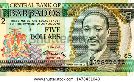 Sir Frank Worrell. Portrait from Barbados 5 Dollars 2012 Banknotes. 