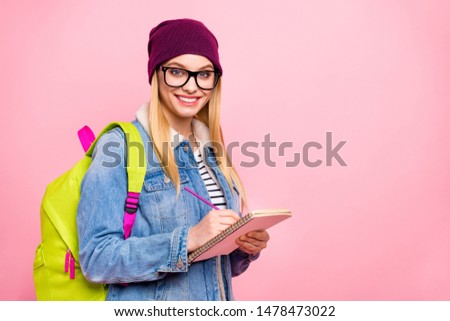 Photo of beautiful attractive schoolgirl expelled form classroom by teacher while isolated with pastel background
