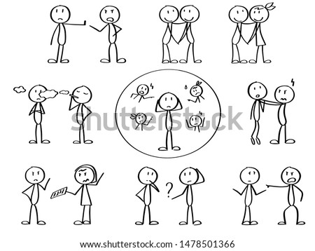 Set of stick men managing stress and pressure from other people. Abused characters solving communication problems.  Royalty-Free Stock Photo #1478501366