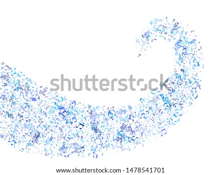 Sky blue and cyan flying musical notes isolated on white background. Cold musical notation symphony signs, notes for sound and tune music. Vector symbols for melody recording, print or design.