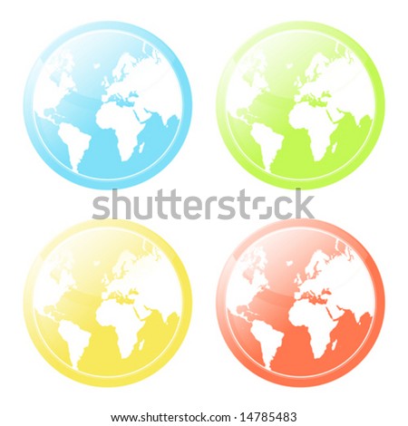 Vector illustration of four differently colored world map glossy modern icons.