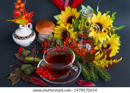 black tea on a tray with a beautiful decor. Indian summer.
