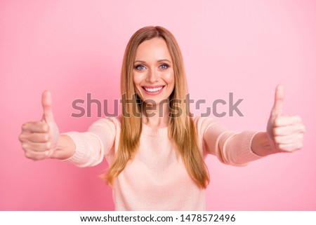 Portrait of charming cute youth have adverts advertise feel content isolated over pink background