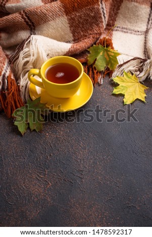 Autumn background with cup of tea, plaid and leaves. Top view