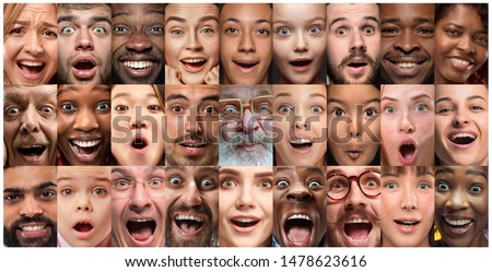 Close up portrait of young people. Human emotions, facial expression. People wondered, astonished, screaming and crazy in happiness, thinking. Creative collage made of different photos of 25 models. Royalty-Free Stock Photo #1478623616