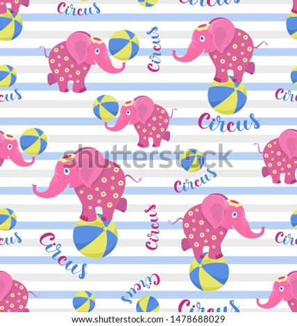 Seamless pattern with pink circus elephant and balls. Cartoon character elephant for children's textiles of stationery, party decoration.