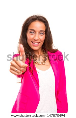 Young business woman signaling ok, isolated over white background