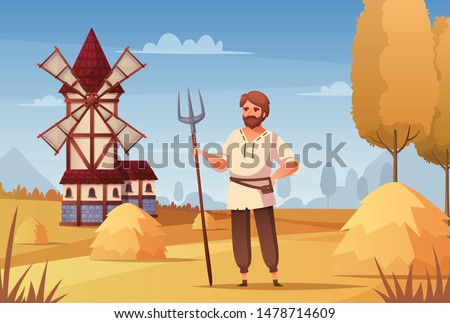 Medieval peasant cartoon background with windmill and labor symbols vector illustration Royalty-Free Stock Photo #1478714609