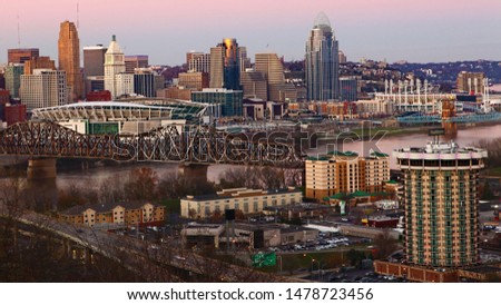 A View of the Cincinnati, Ohio skyline at twilight