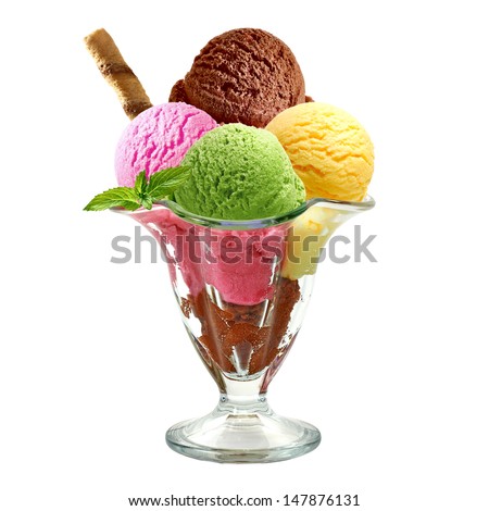 Vanilla, strawberry and chocolate sundae dish ice cream scoops with wafer stick in sundae cup or glass isolated on white background
