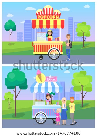 Popcorn and ice cream stalls set with people buying food, popcorns ice-cream selling meal in park of city, buyers customers sellers raster illustration