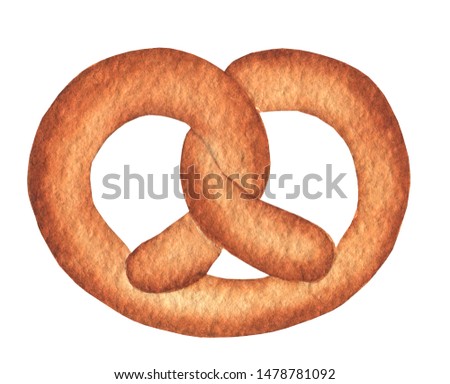 Oktoberfest brown fresh baked pretzel for beer appetizer. Hand drawn watercolor painting on white background clip art graphic elements for creative design and printable decor.