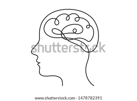 Continuous line art or One Line Drawing of a human brain, mechanical and robotic technology with advanced 