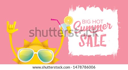 summer sale horizontal web banner 
 or vector label with summer happy sun character wearing sunglasses and holding cocktail isolated on soft pastel pink horizontal background