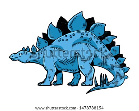 Stegosaurus big dangerous dino dinosaur. Cartoon character illustration drawing engraving ink line art vector. Isolated white background for print design t shirt clothes sticker poster badge.