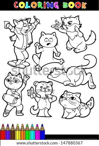Coloring books or coloring pages black and white cartoon illustration of a cat in various positions