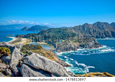 Islas Cies, Vigo, Spain. Vigo estuarys greatest treasure. Galicia. Island connected by beach Playa de Rodas. Royalty-Free Stock Photo #1478813897