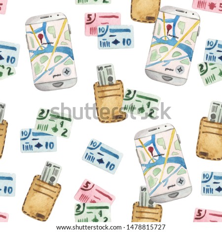 Watercolor cartoon seamless pattern, traveler set smartphone with navigation application, money wallet, and foreign currency. Composition on a white background.