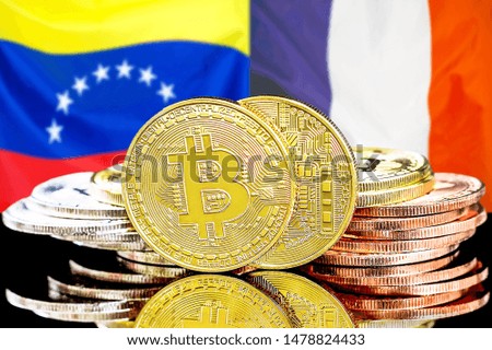 Concept for investors in cryptocurrency and Blockchain technology in the Venezuela and France. Bitcoins on the background of the flag Venezuela and France.