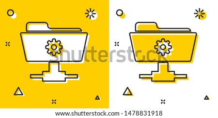 Black FTP settings folder icon isolated on yellow and white background. Software update, transfer protocol, router, teamwork tool management, copy process. Random dynamic shapes. Vector Illustration