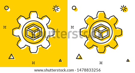 Black Product development icon isolated on yellow and white background. Gear and cube. Product development symbol design from Startup collection. Random dynamic shapes. Vector Illustration