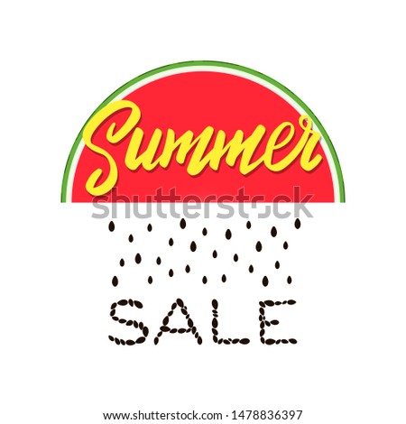 "Summer Sale" hand written lettering with watermelon slice and watermelon seeds on white background. Colorful vector illustration for social media, flyer, poster