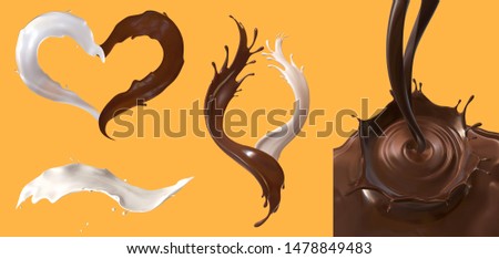 3d render. Set of milk and chocolate splashes isolated on yellow background. Collection of dynamic liquid splashes: hot coffee, chocolate, cocoa, white chocolate, milk.