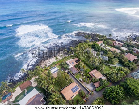 Aerial view of Homes on the north shore of Oahu at Laniakea Beach Royalty-Free Stock Photo #1478852063