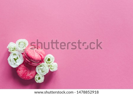 Two pink French macarons with white flowers on pink background. Flat lay, place for text.  