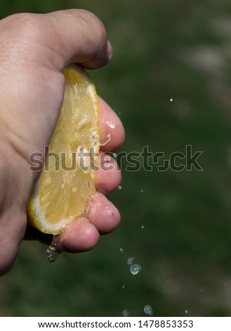 A lemon in the hand of a man. Squeezed lemon. It presses on the lemon, and the juice is spread out of the lemon