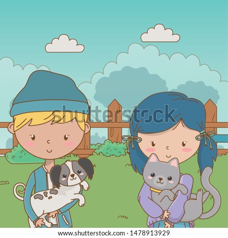Boy and girl with dog and cat design