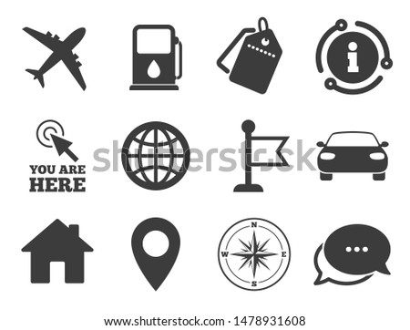 Windrose, compass and map pointer signs. Discount offer tag, chat, info icon. Navigation, gps icons. Car, airplane and flag symbols. Classic style signs set. Vector