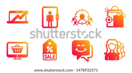 Business targeting, Web shop and Sale coupon line icons set. Seo shopping, Smile face and Sales diagram signs. Elevator, Women headhunting symbols. People and target aim, Shopping cart. Vector