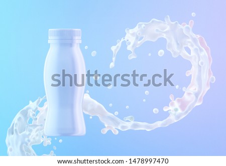 White liquid fresh milk or yogurt waves 3D splashes and yogurt bottle mock up isolated on blue background. Glossy shining milk ad, almond milk, soy, oat milk, yogurt, cream, milky wave, package bottle