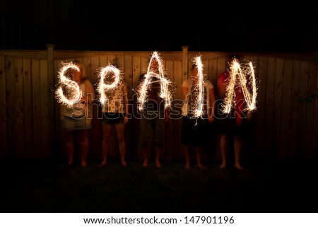 The word Spain in sparklers time lapse photography
